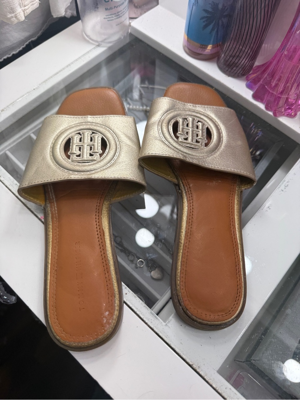 Tommy Hilfiger Metallic Champagne Slide Sandals with Logo Medallion - Picture 4 of 5